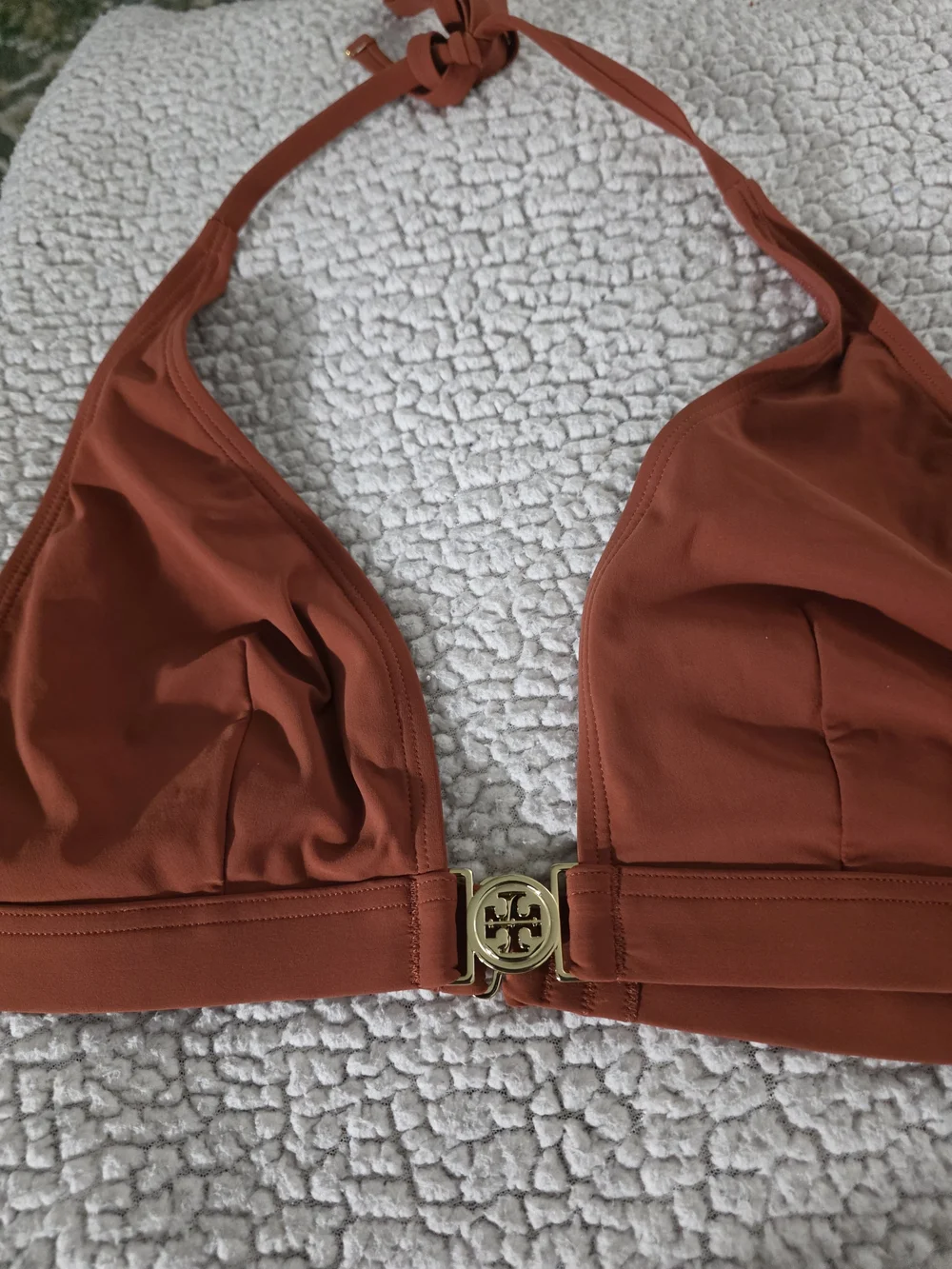 Tory Burch Rust Halter Bikini Top with Gold Logo Clasp